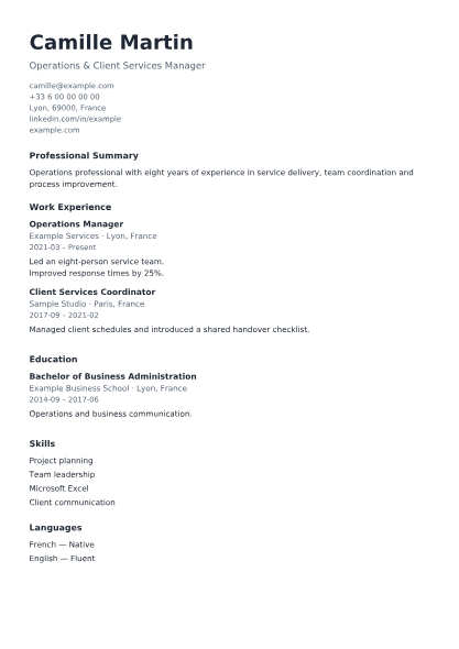 ATS Simple CV template preview with fictional sample information