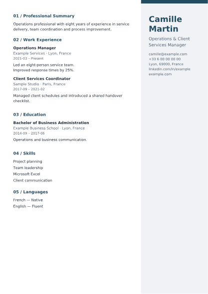 Creative CV template preview with fictional sample information