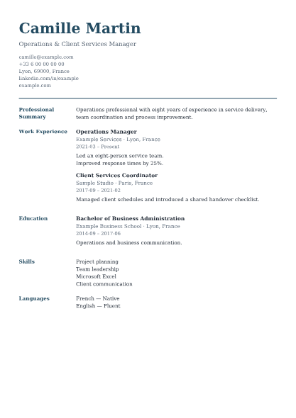 Executive CV template preview with fictional sample information