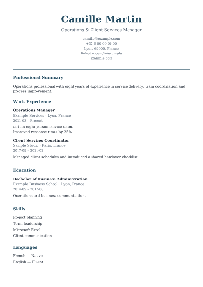 Minimal CV template preview with fictional sample information