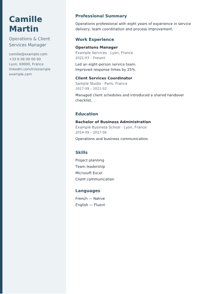 Modern CV template preview with fictional sample information