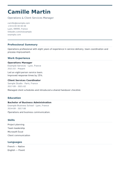 Professional CV template preview with fictional sample information